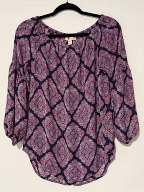 Michael Kors Women's Navy and Pink Printed Peasant Blouse Size Small